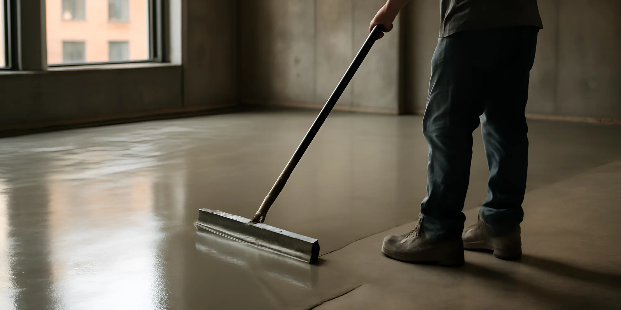 Smoothing wet concrete floor with squeegee