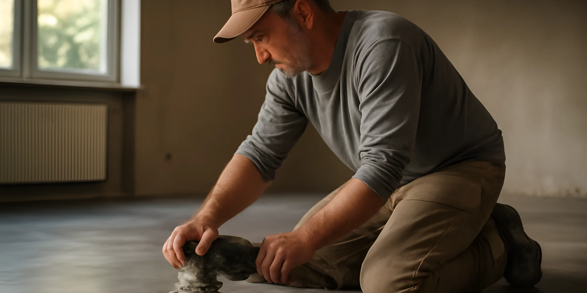 Man polishing concrete floor indoors