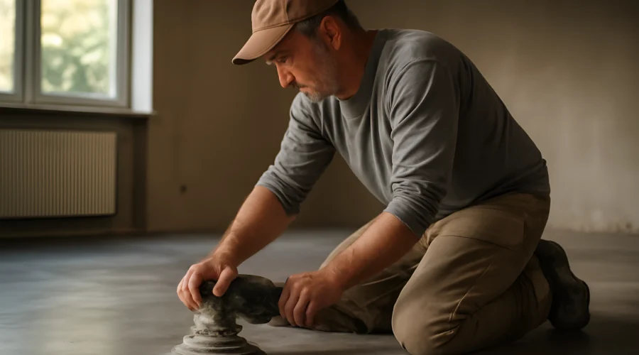 Man polishing concrete floor indoors