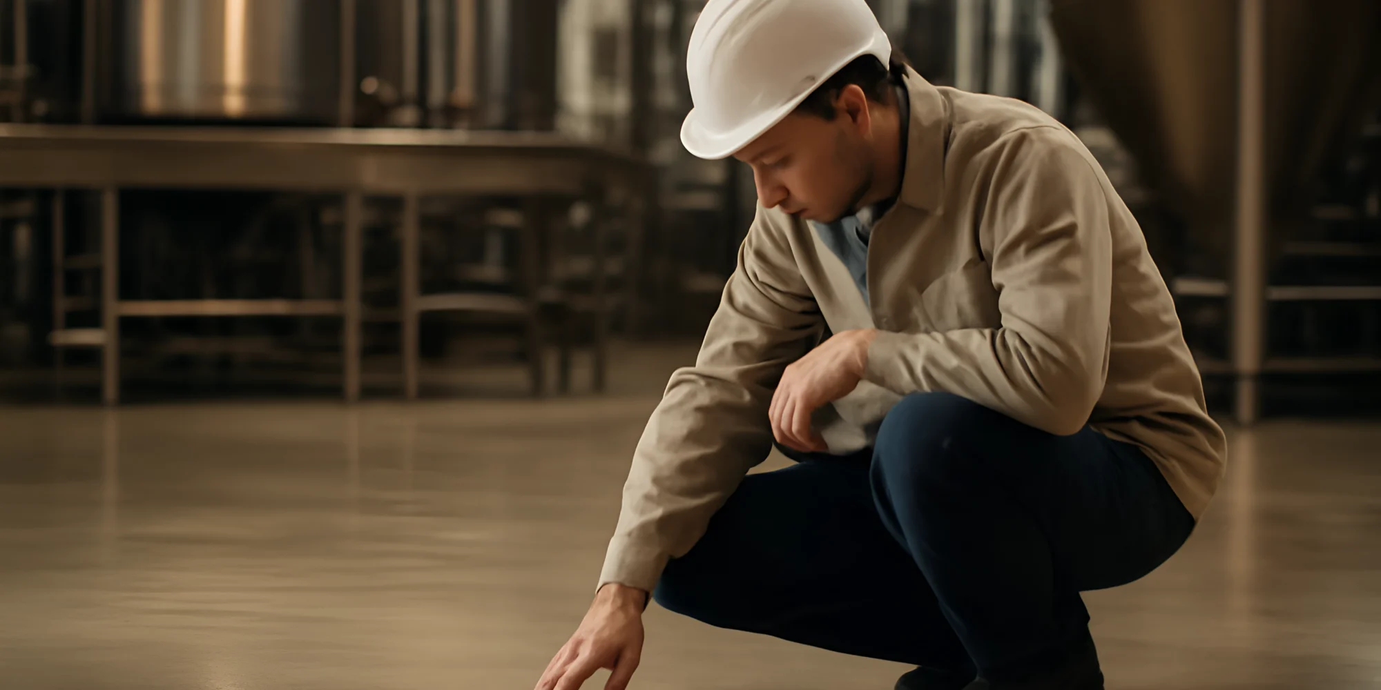 Worker inspecting polished industrial floor