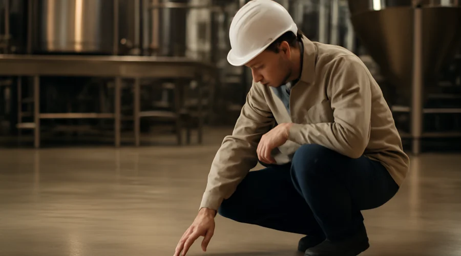 Worker inspecting polished industrial floor