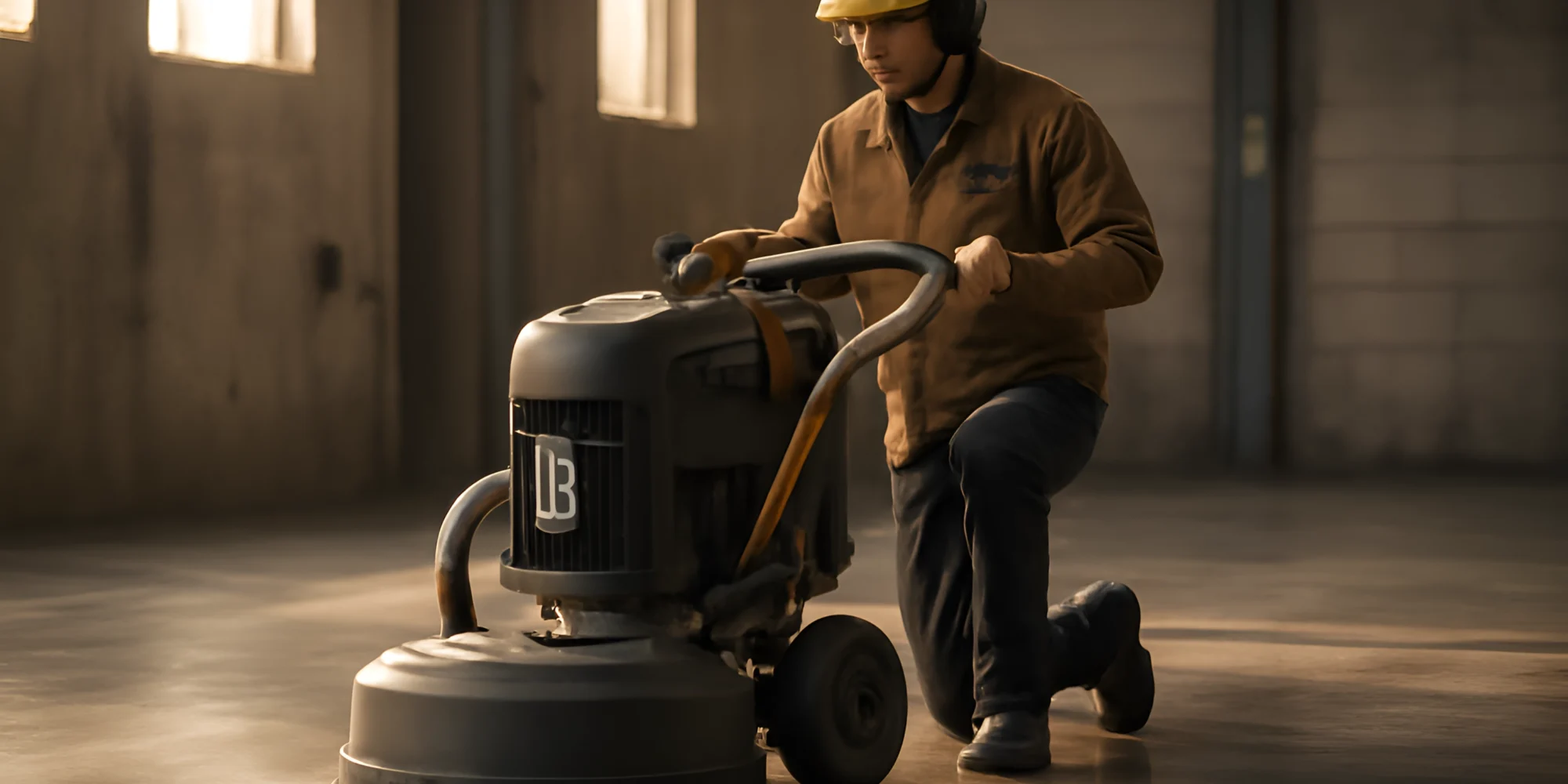 Concrete floor polishing machine worker