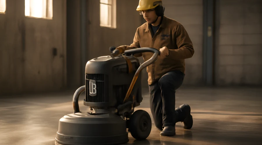 Concrete floor polishing machine worker