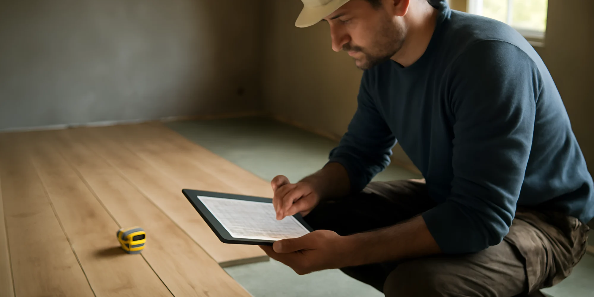 Professional flooring installation with digital tablet