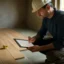 Professional flooring installation with digital tablet