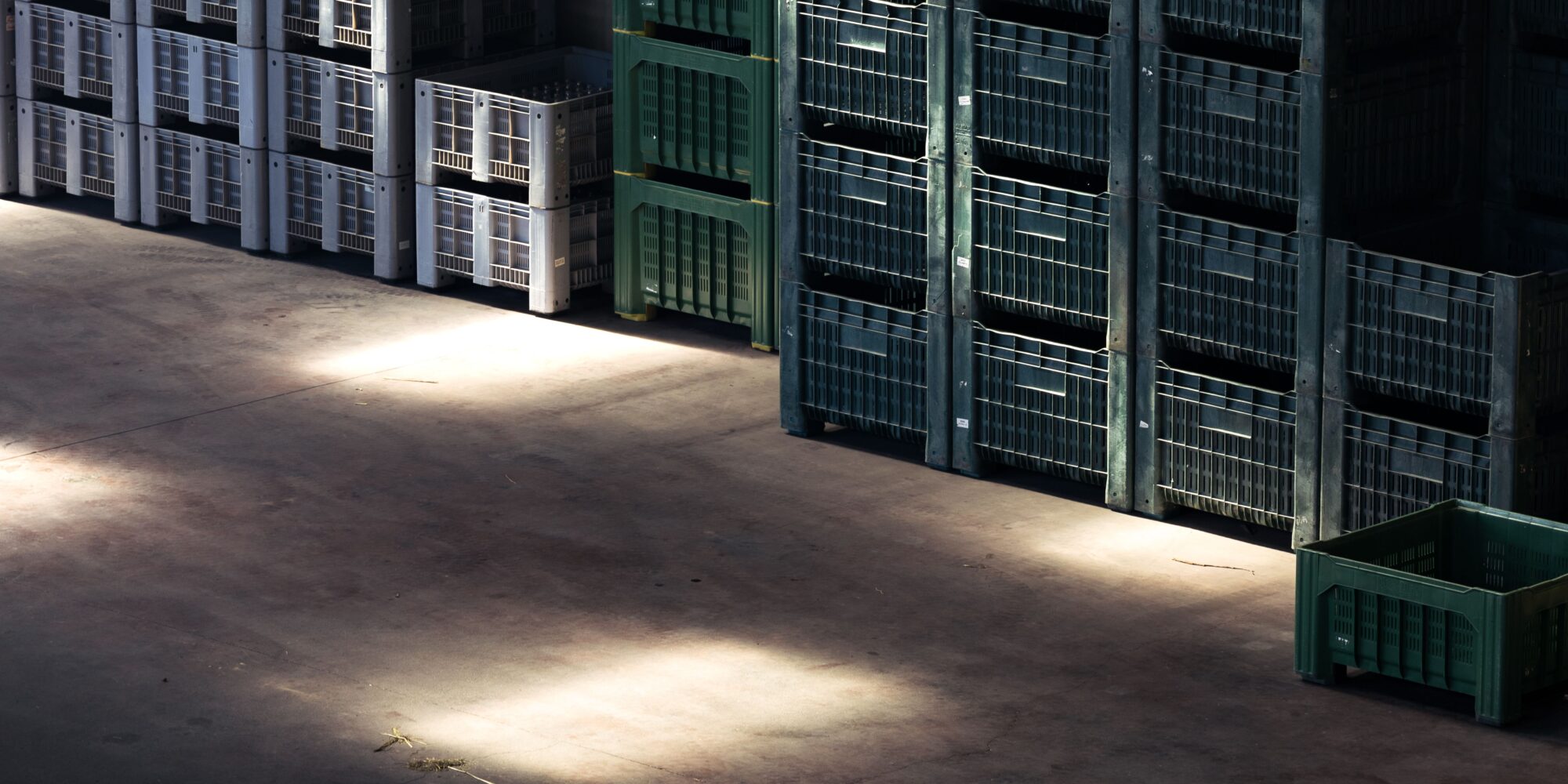 Solljus som lyser upp golvet i en stor logistikanläggning med staplade lagerbackar, vilket illustrerar energieffektivitet.