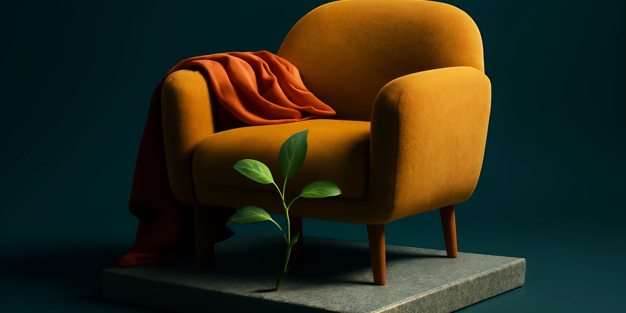 Mustard armchair orange throw plant