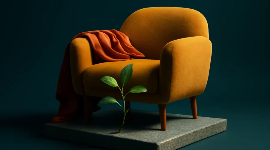 Mustard armchair orange throw plant