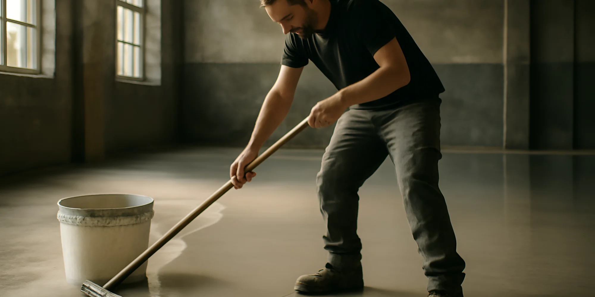 Worker smoothing wet concrete floor indoors