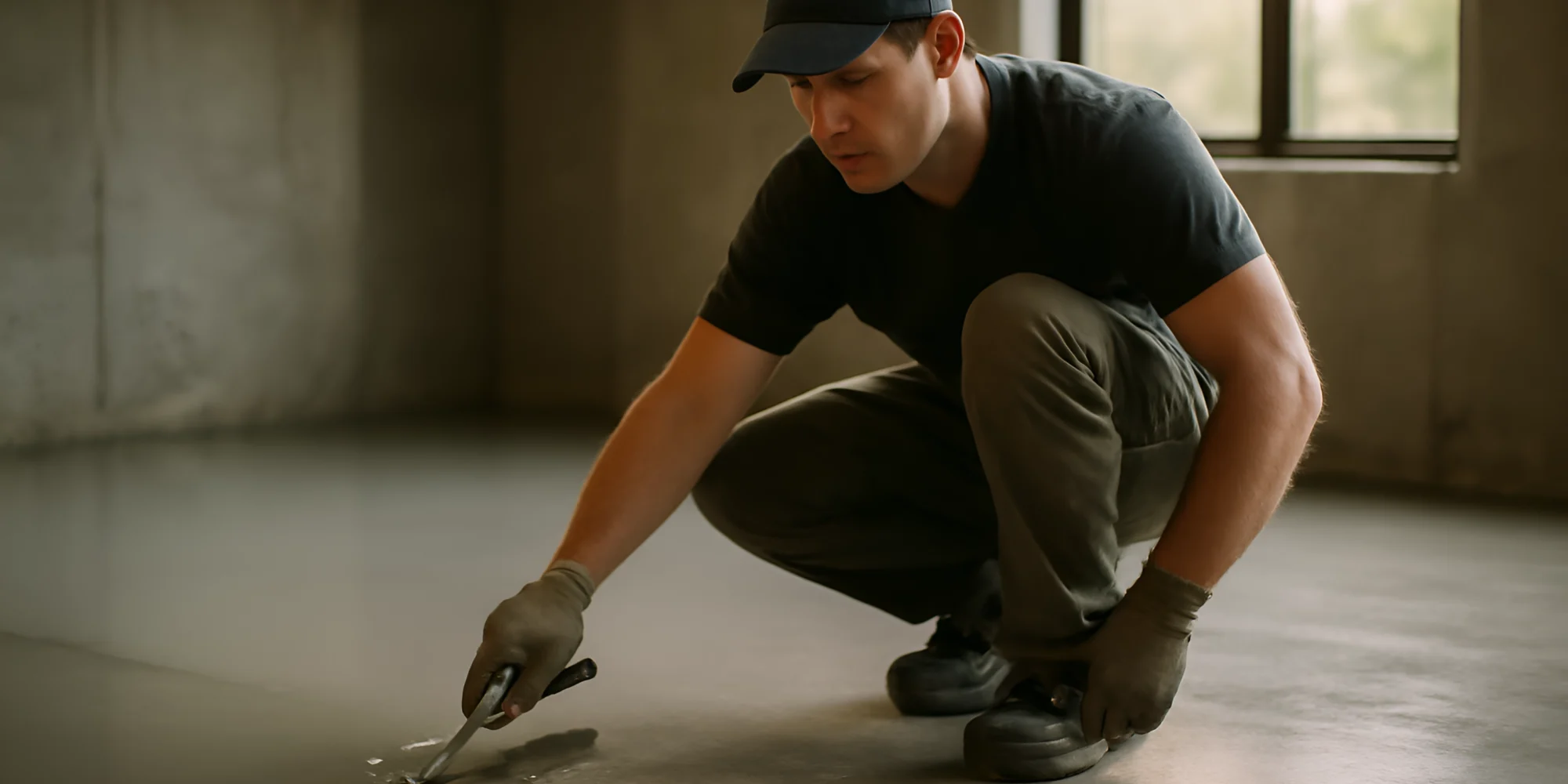 Worker smoothing wet concrete floor indoors