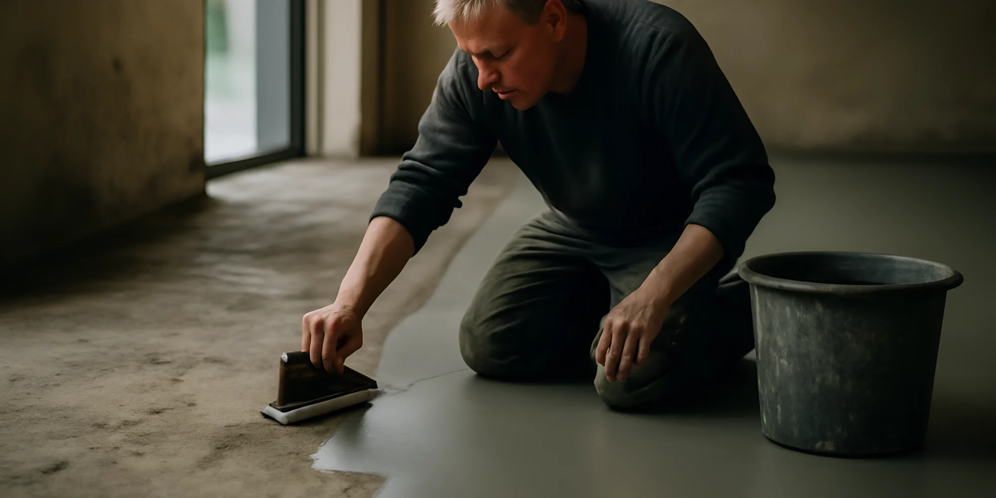 Worker smoothing wet concrete floor indoors