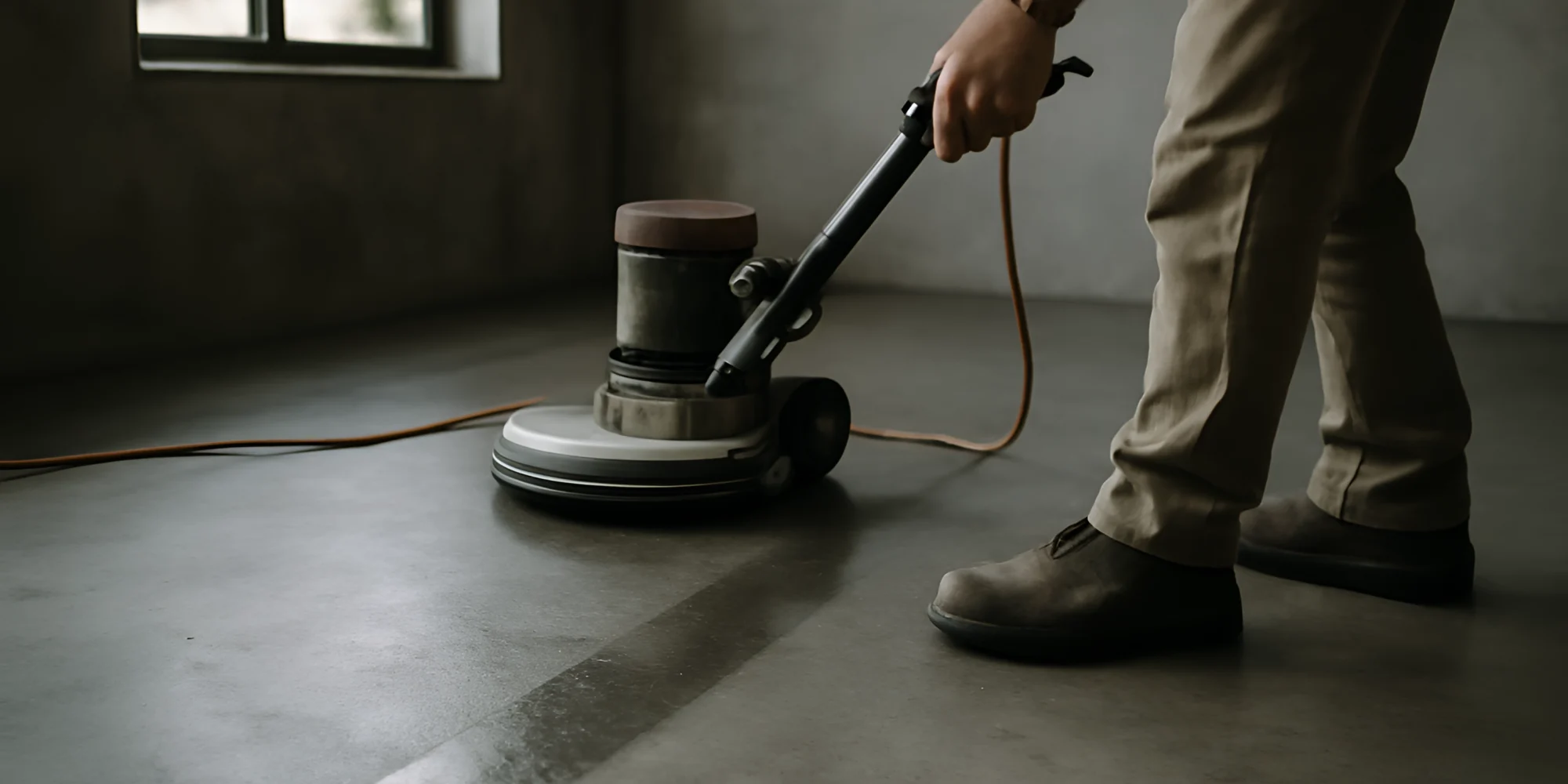 Floor buffer polishing concrete surface indoors