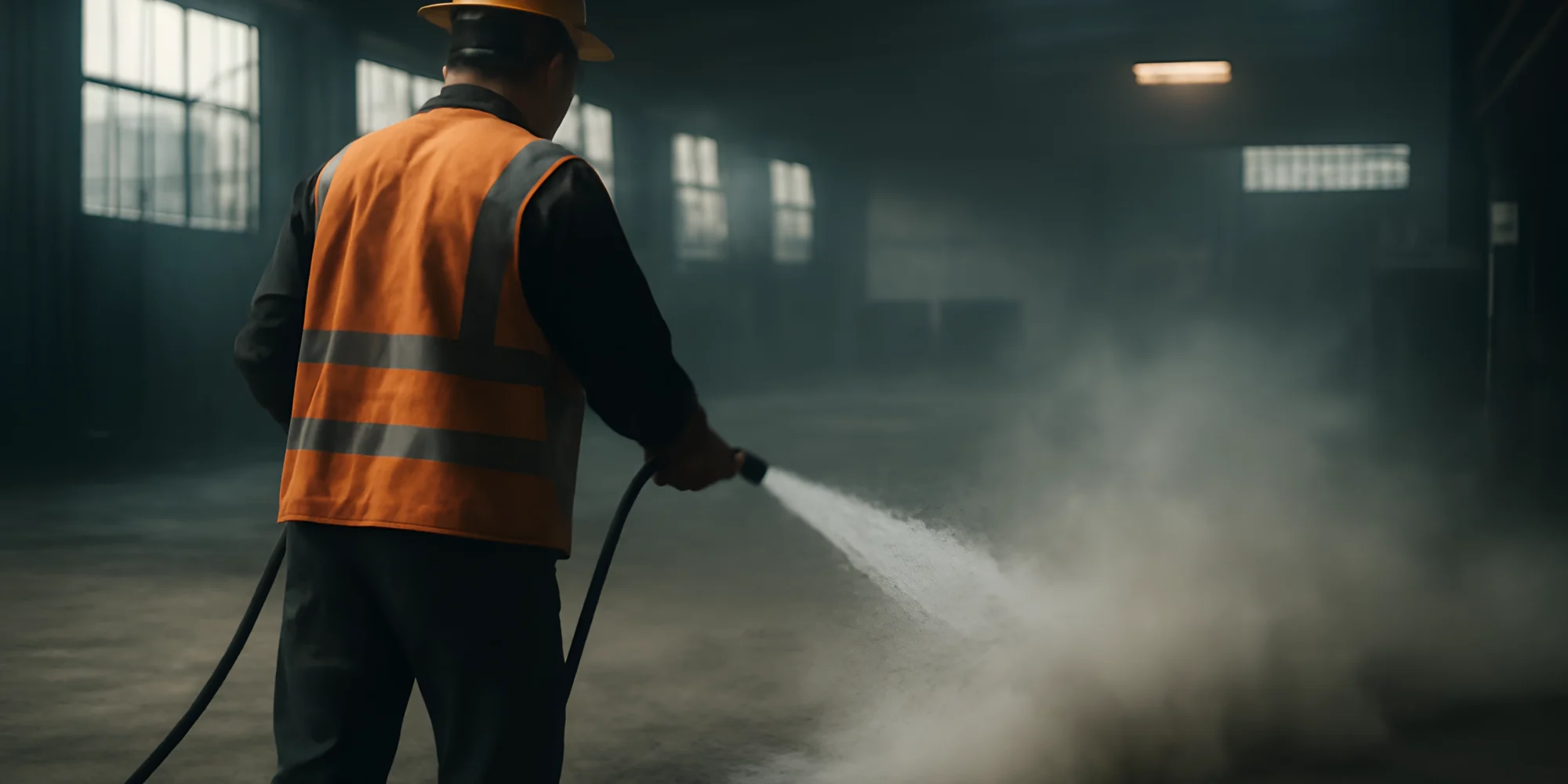 Worker spraying dust in warehouse