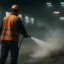 Worker spraying dust in warehouse