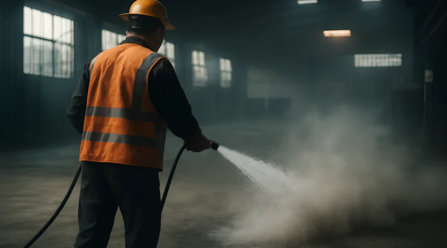 Worker spraying dust in warehouse