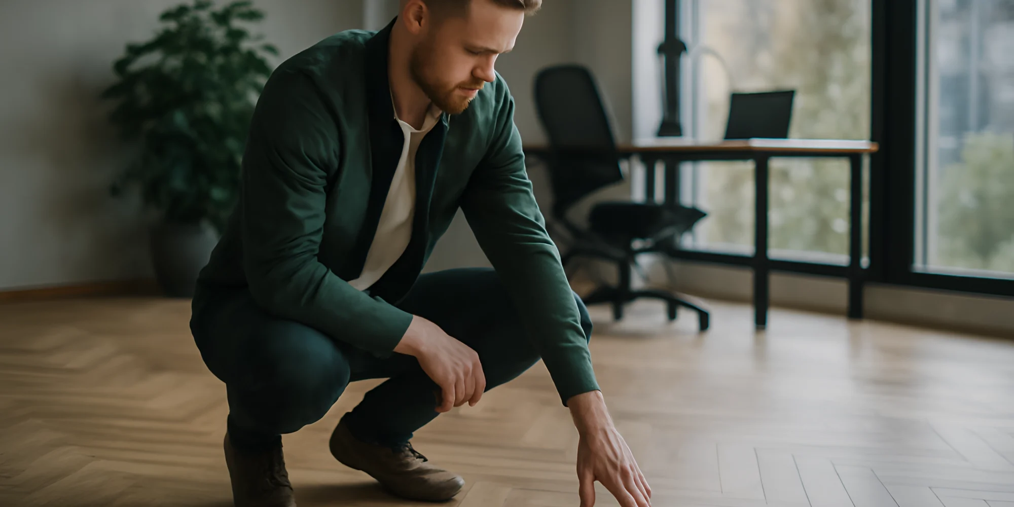Man checking wooden floor finish quality