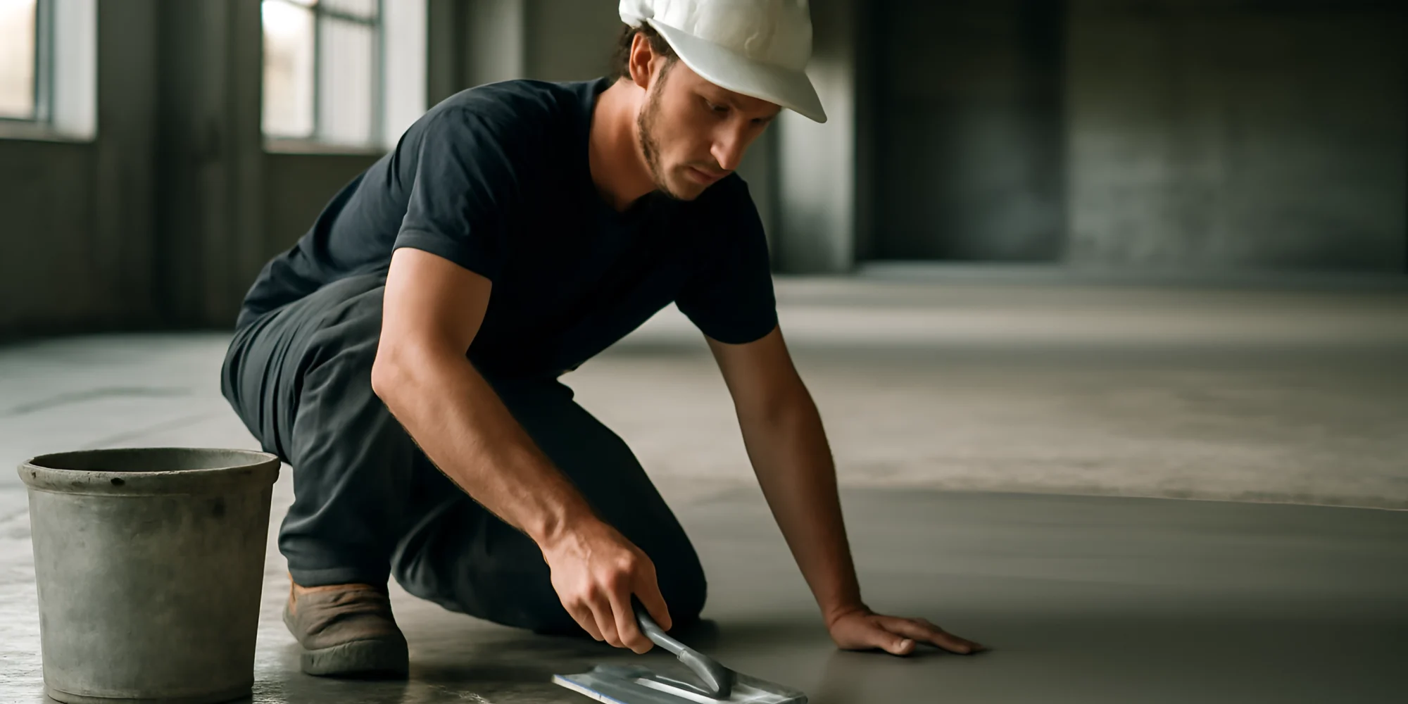 Worker smoothing concrete floor with trowel