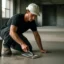 Worker smoothing concrete floor with trowel