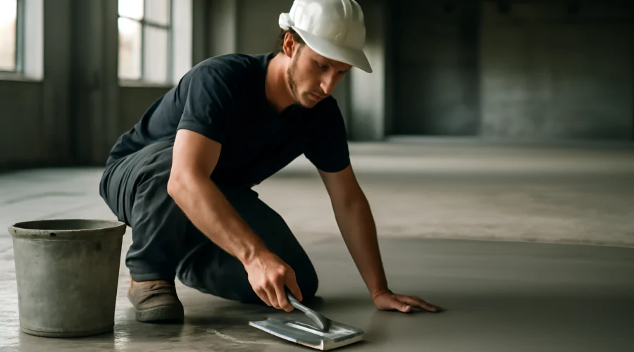 Worker smoothing concrete floor with trowel