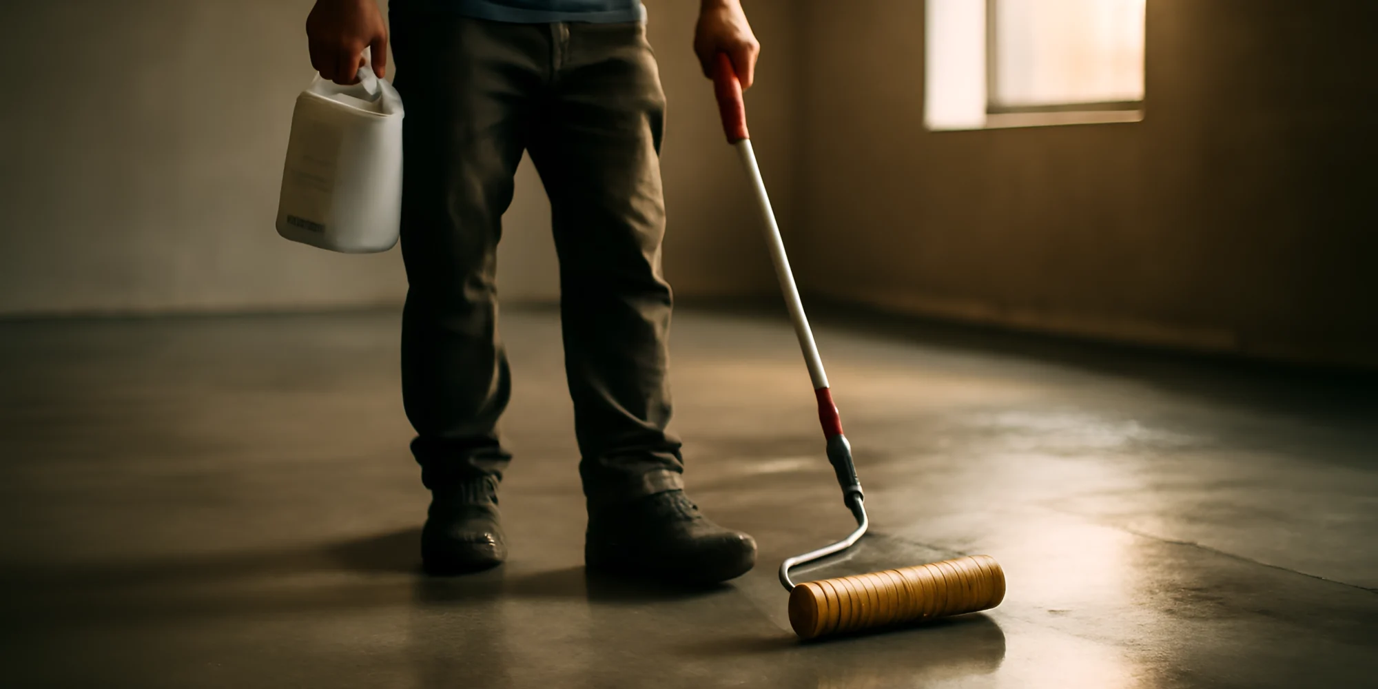 Concrete floor sealing with roller