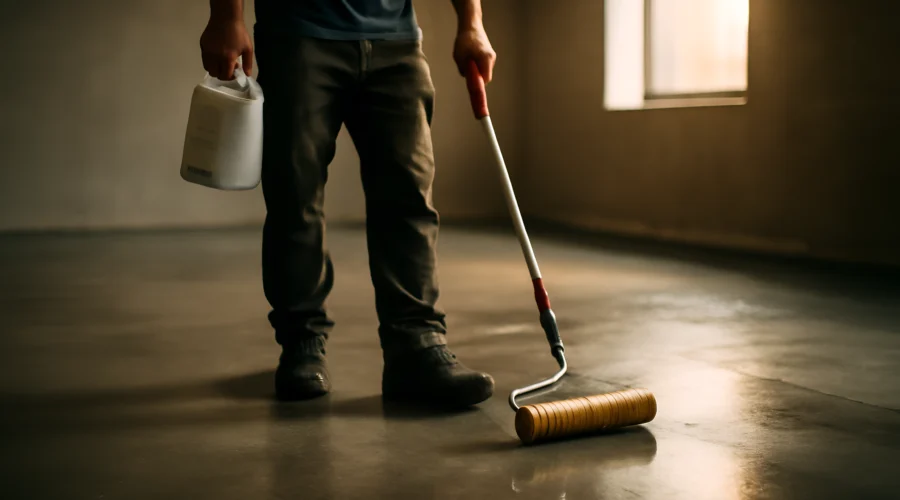 Concrete floor sealing with roller