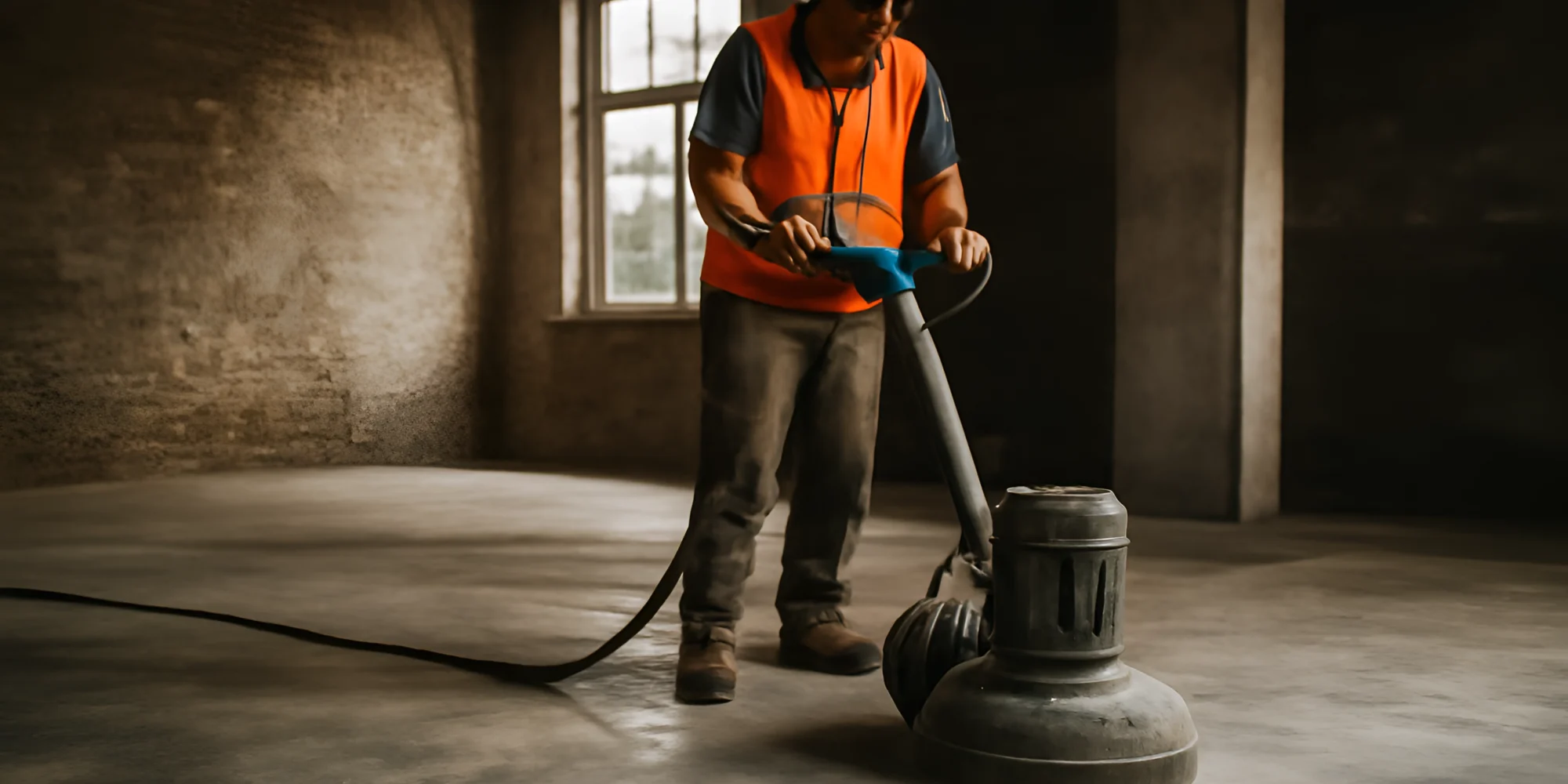 Concrete floor polishing worker machine