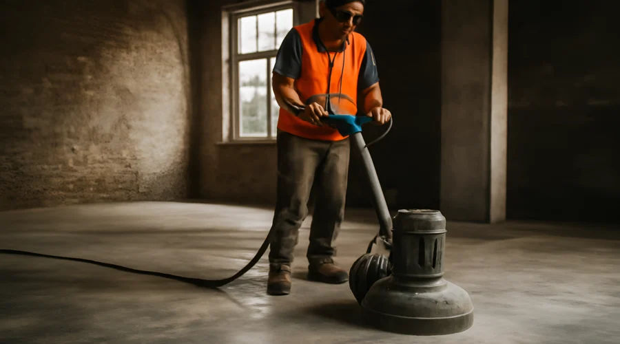 Concrete floor polishing worker machine