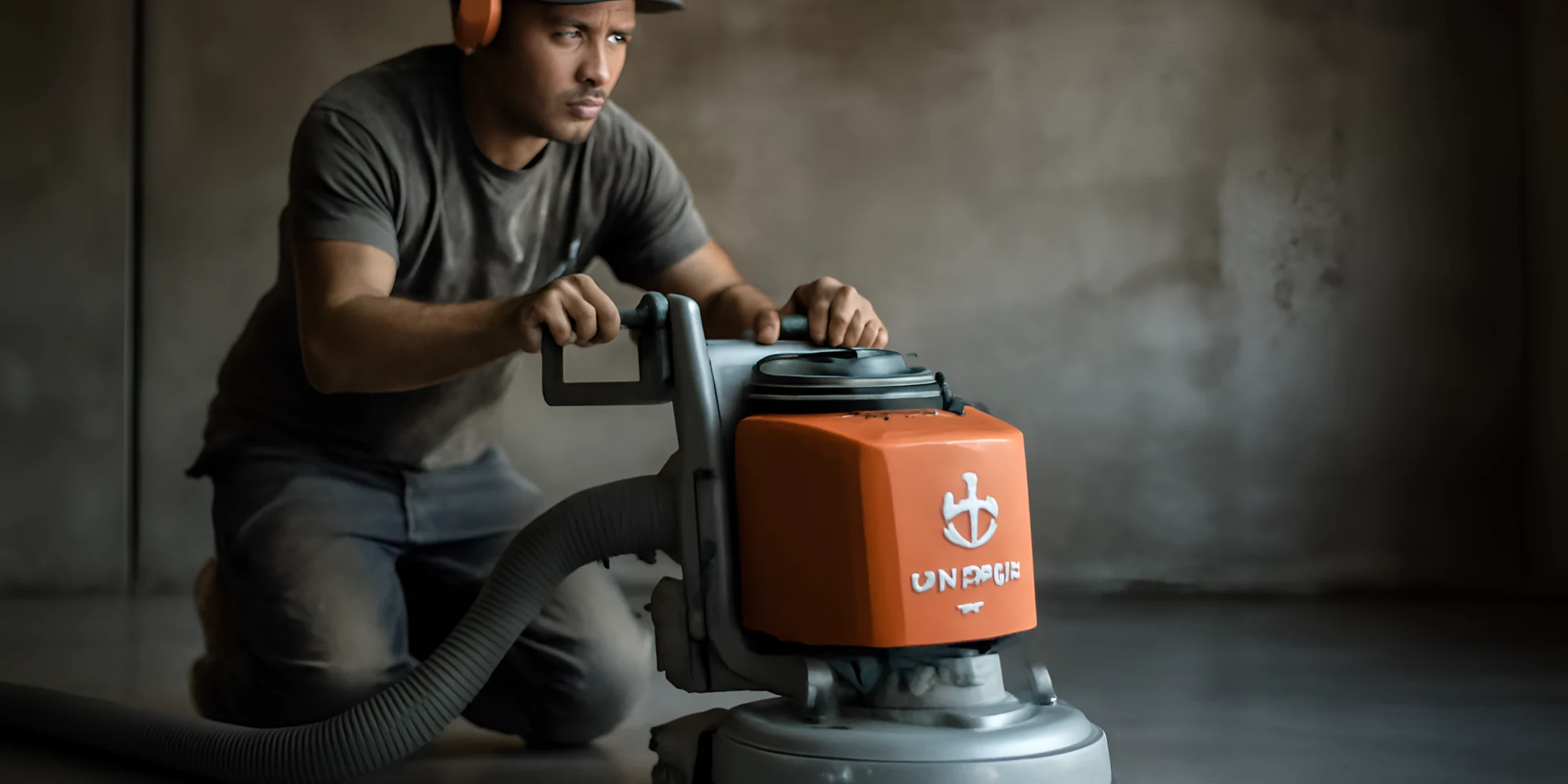 Worker polishing concrete floor machine