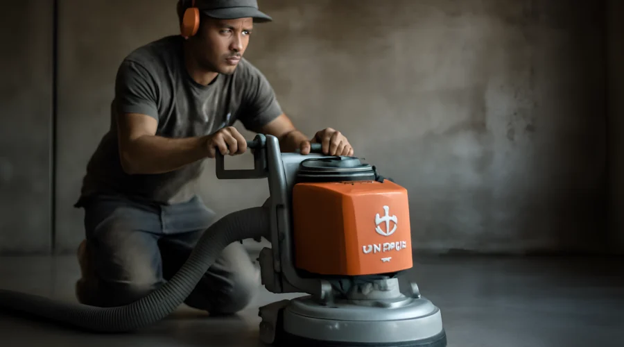Worker polishing concrete floor machine