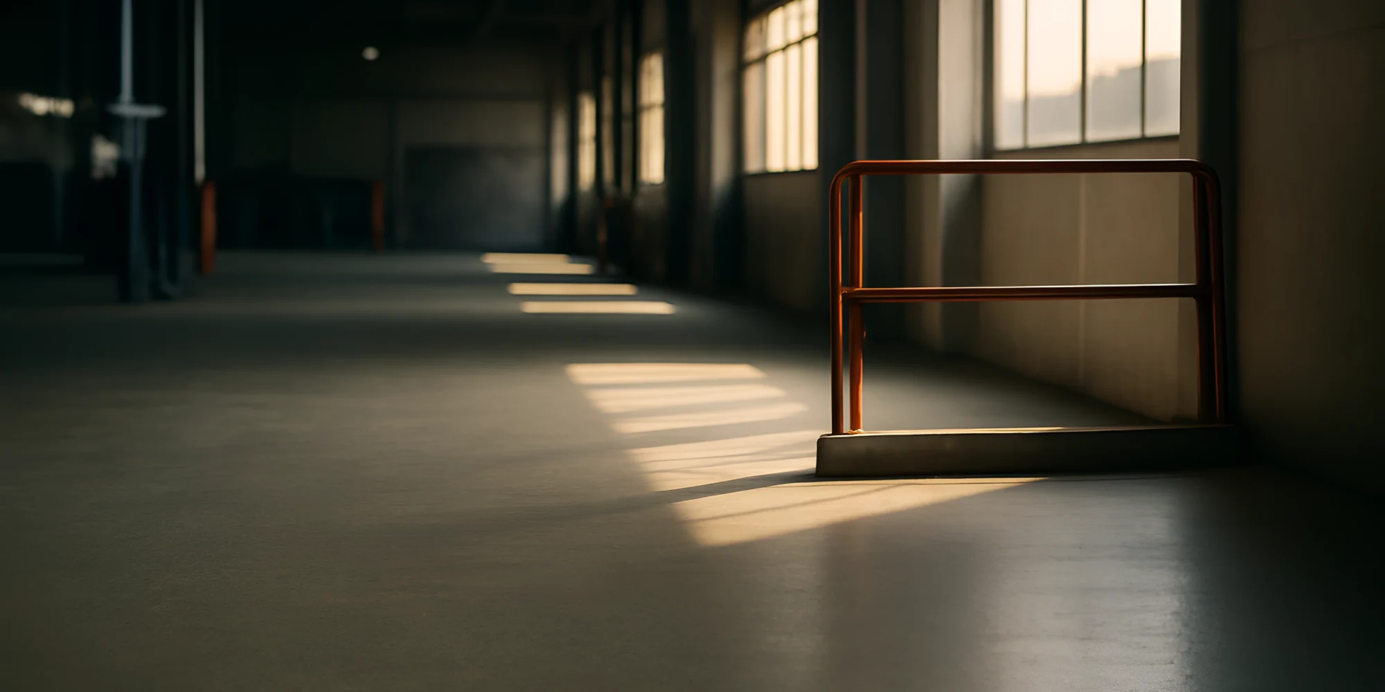 Safety gate inside industrial building sunlight