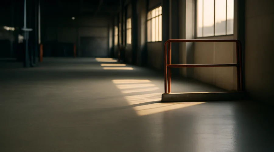 Safety gate inside industrial building sunlight