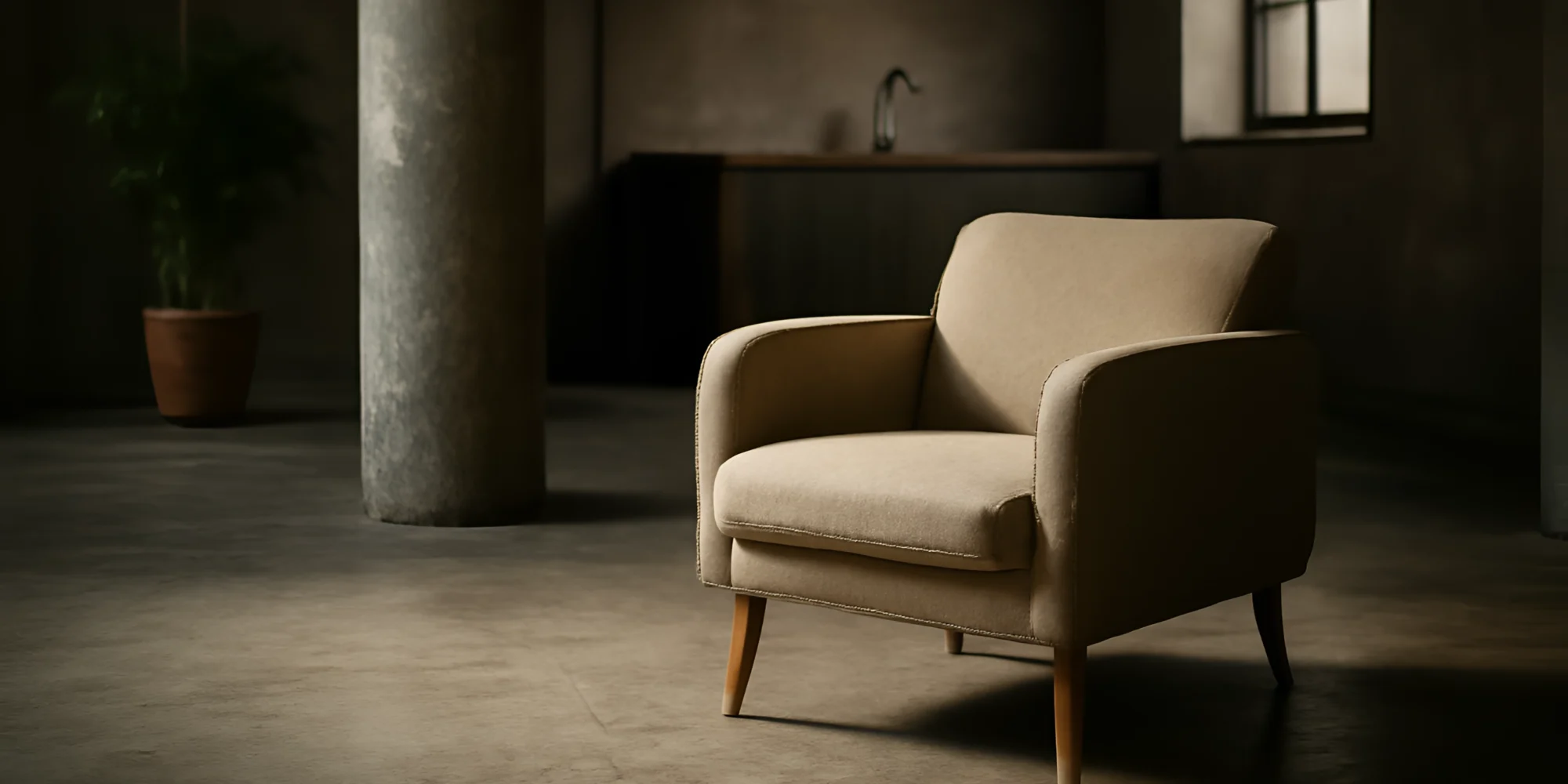 Beige modern armchair wooden legs