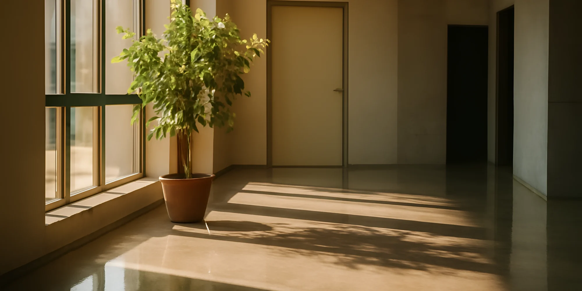 Sunlit hallway with potted green plant