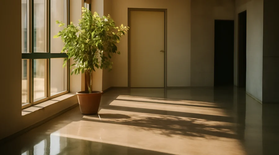 Sunlit hallway with potted green plant
