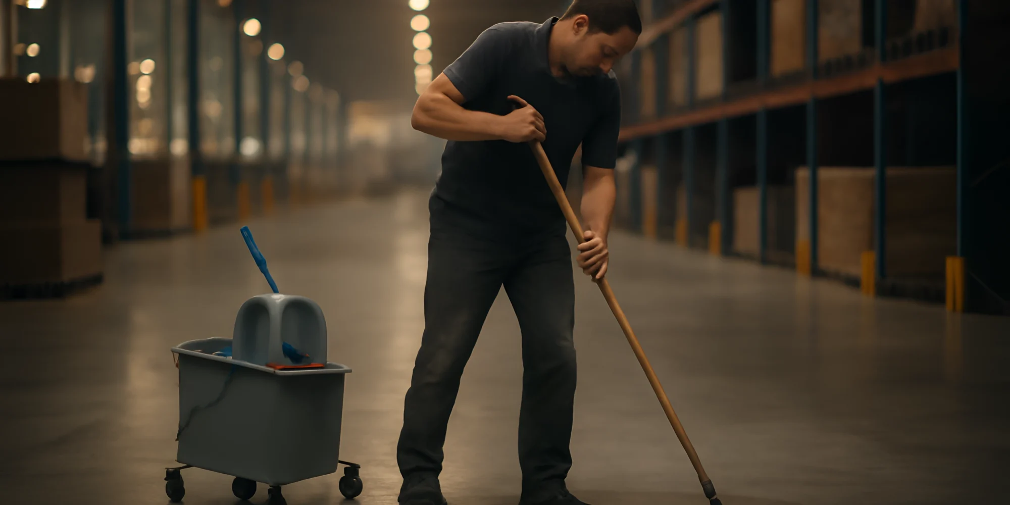 warehouse worker mopping floor cleaning