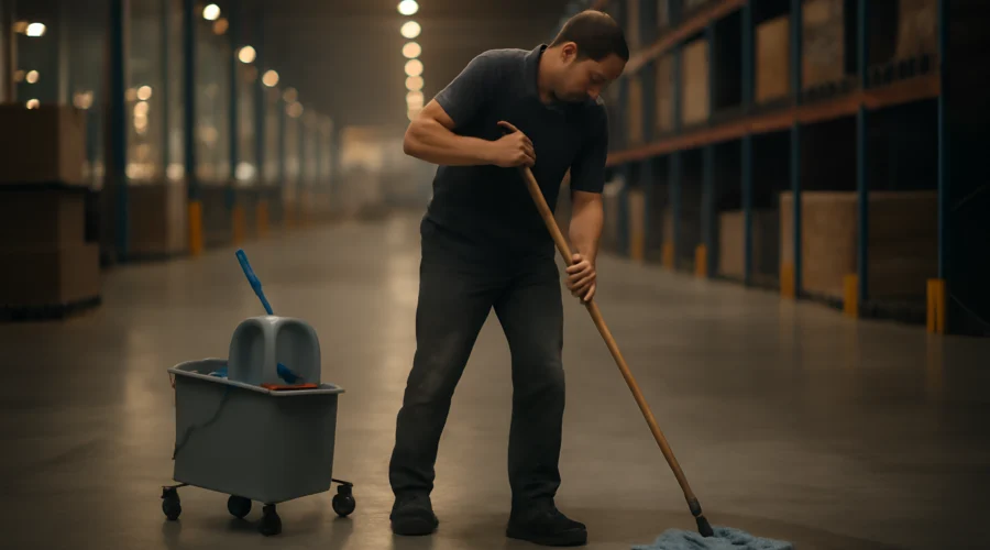 warehouse worker mopping floor cleaning
