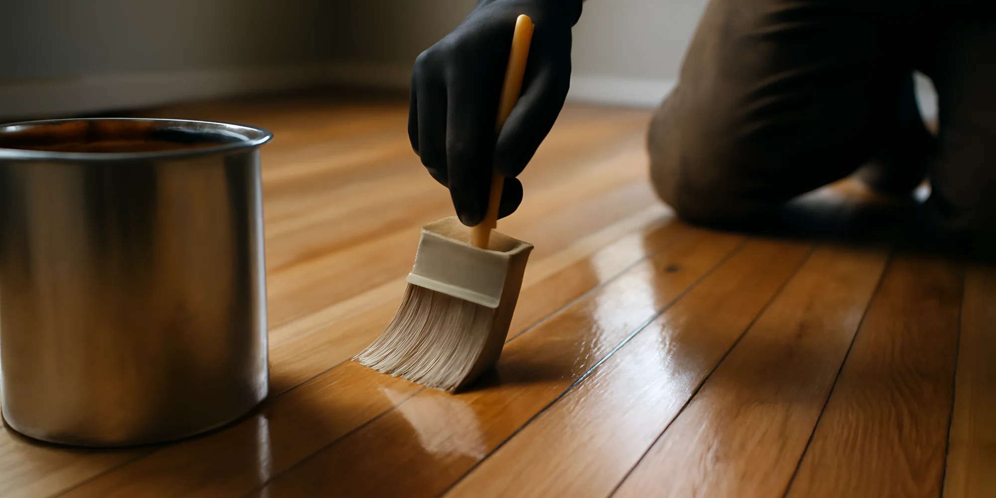 Gloved hand varnishing wooden floor