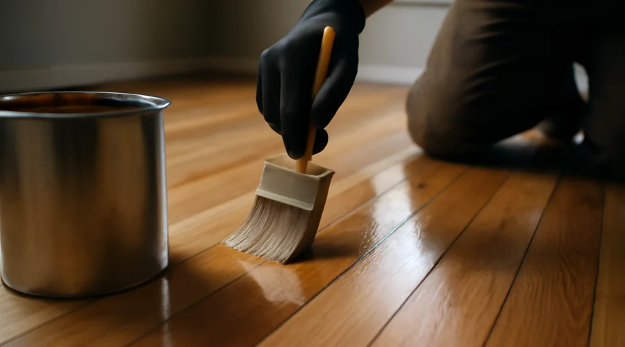 Gloved hand varnishing wooden floor