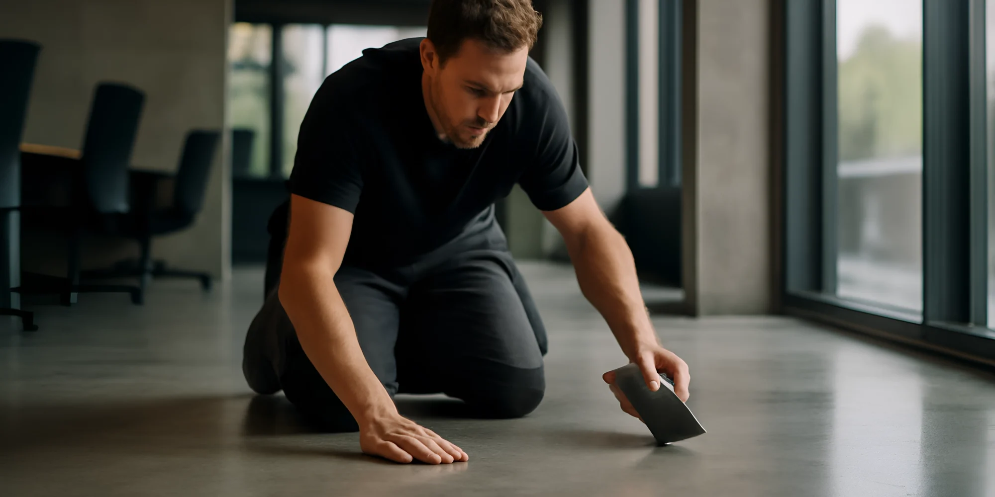 Polishing concrete floor indoor worker
