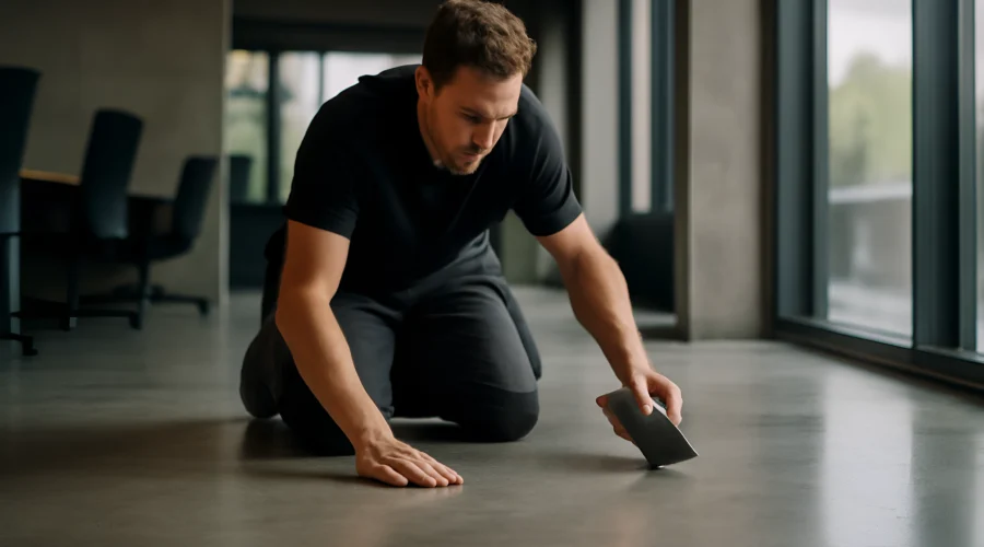 Polishing concrete floor indoor worker