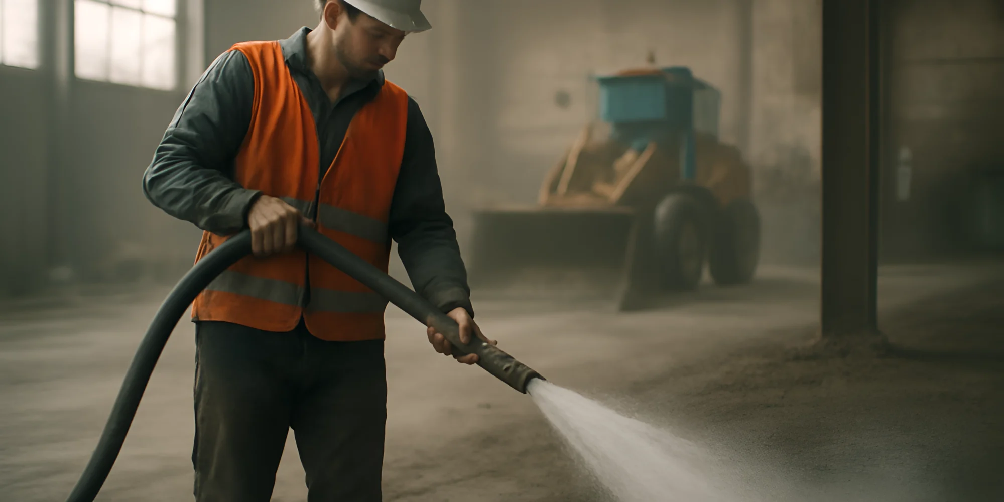 Worker cleaning construction site floor with water
