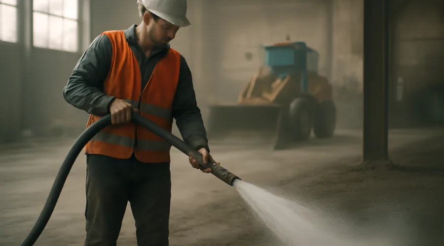 Worker cleaning construction site floor with water