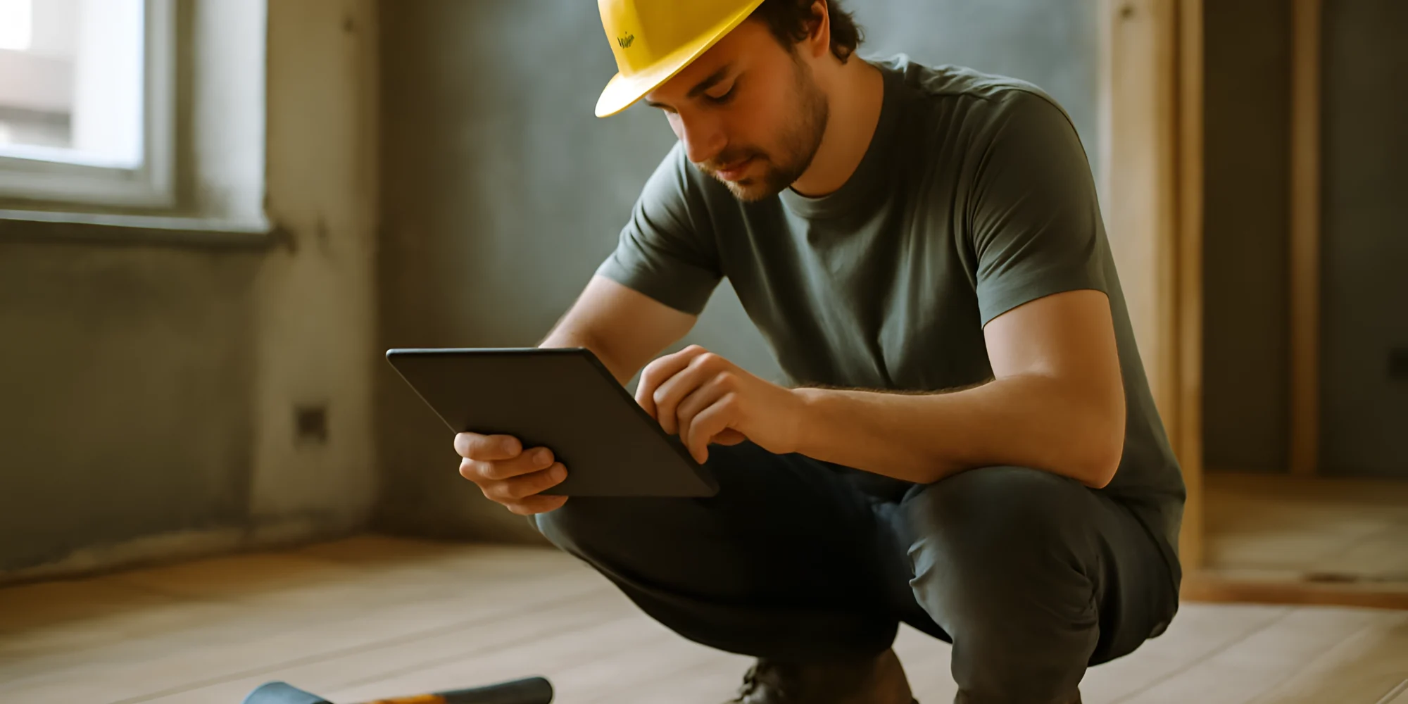 Worker using tablet in construction site