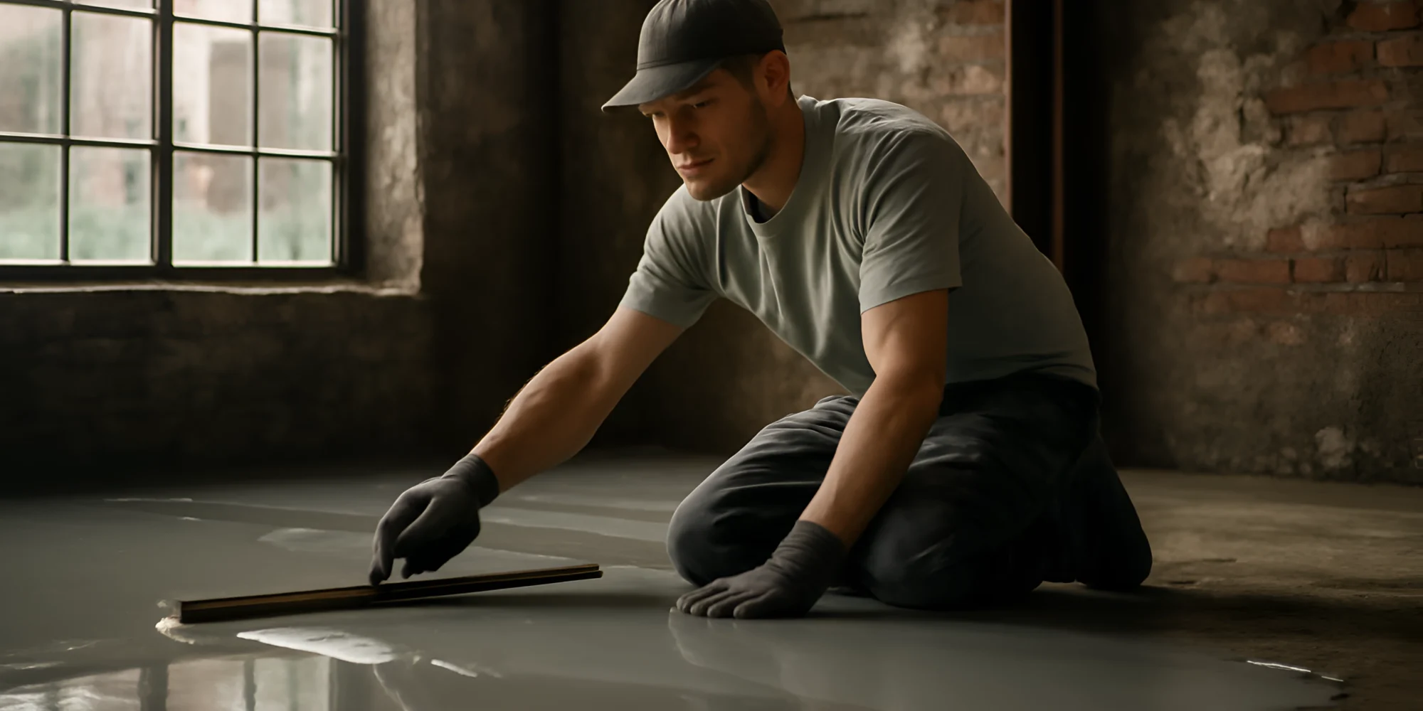 Worker smoothing wet concrete floor indoors