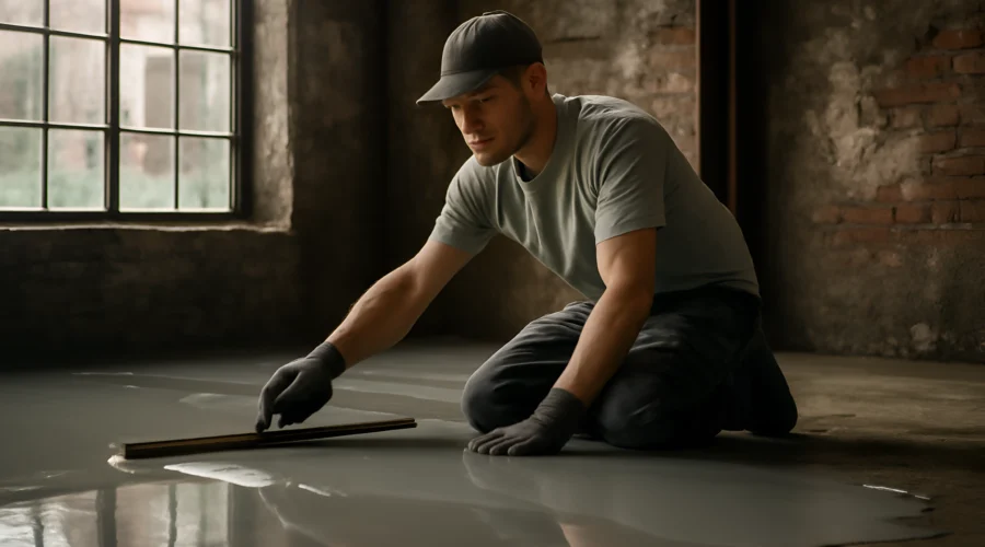 Worker smoothing wet concrete floor indoors
