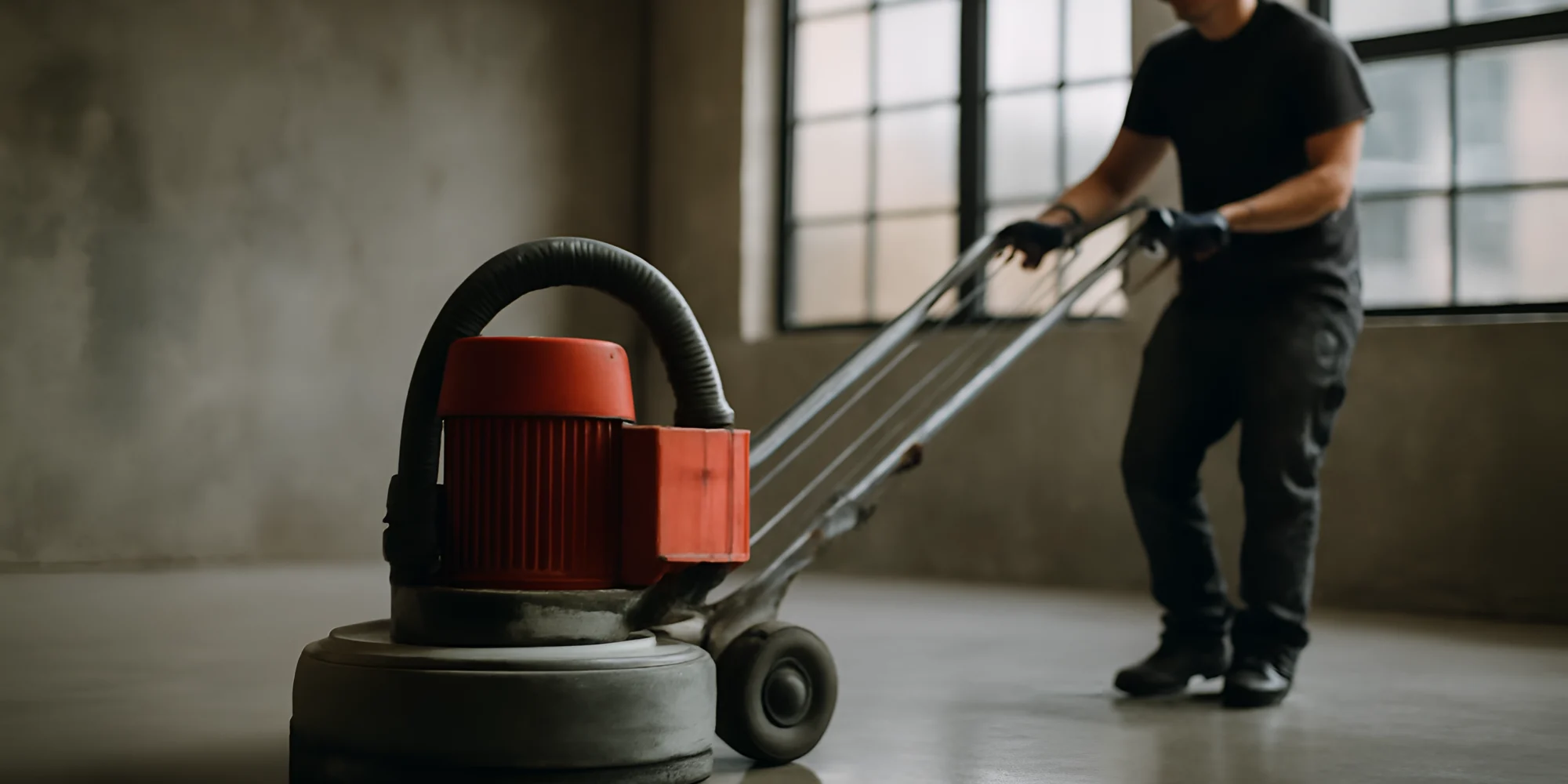 Concrete floor polishing machine worker