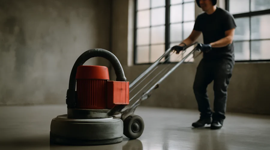 Concrete floor polishing machine worker