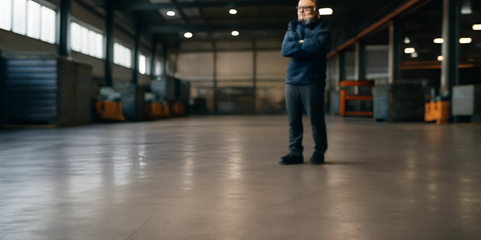 Empty industrial warehouse with man