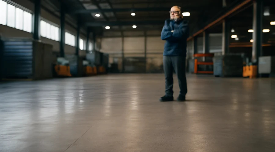 Empty industrial warehouse with man