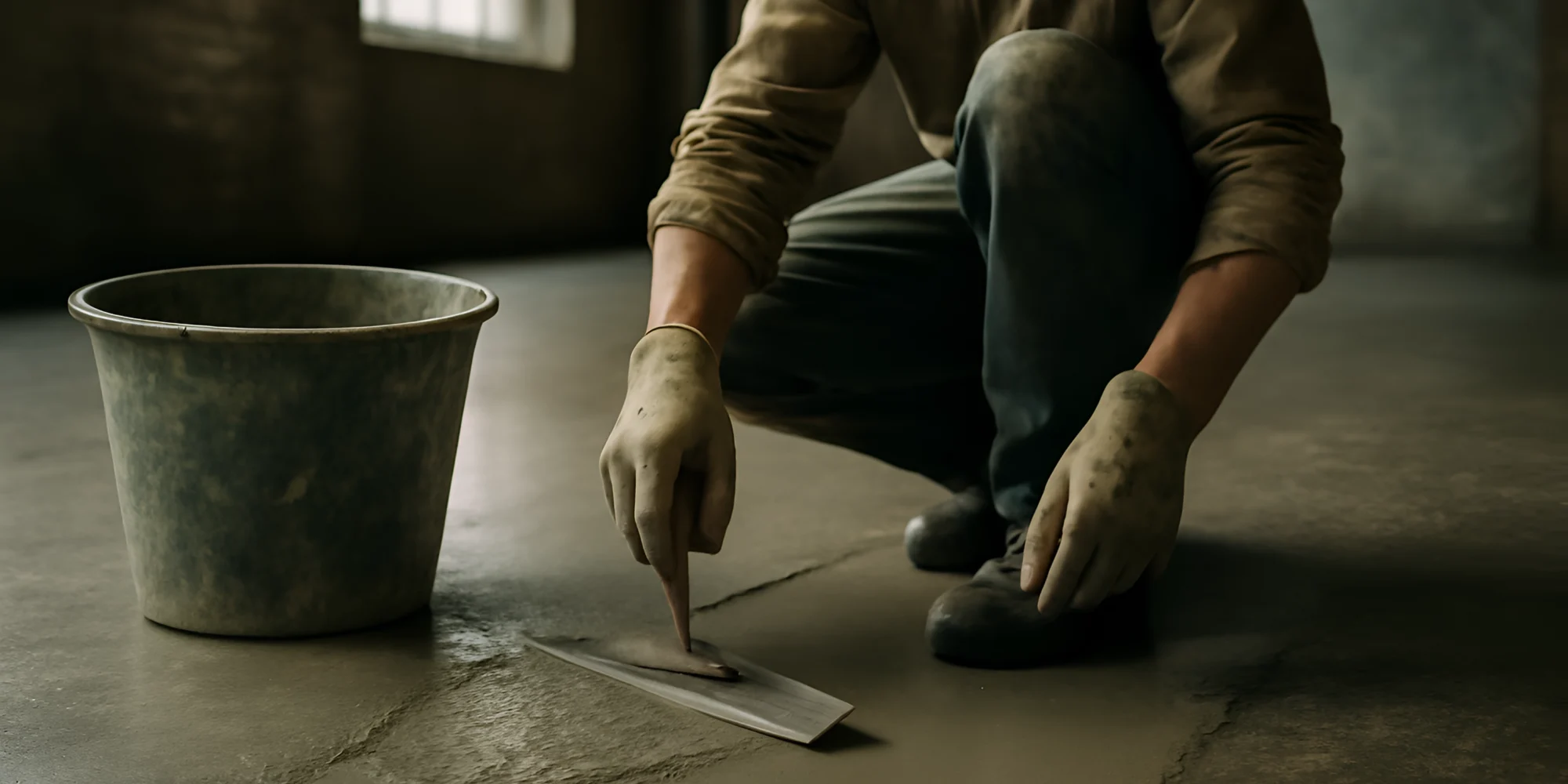Worker smoothing wet concrete floor